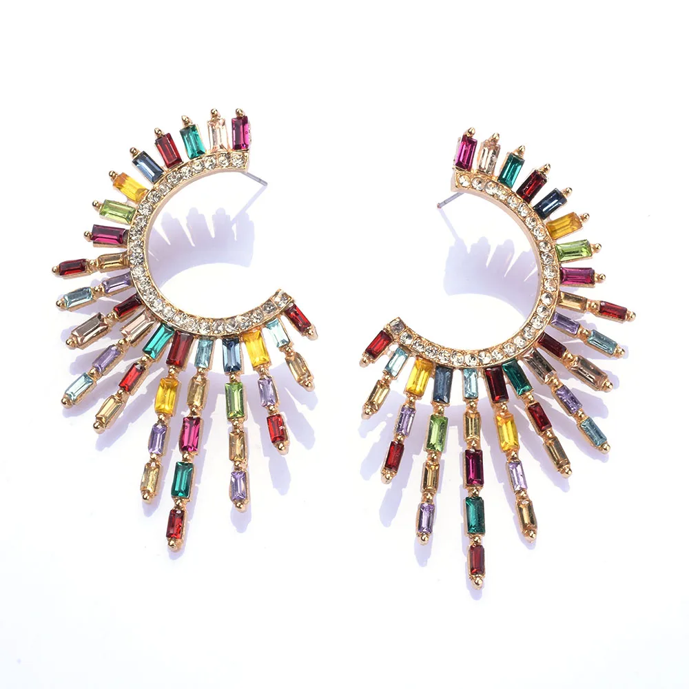 Boho Ethnic Multicolor Crystal Rhinestone Tassel Earrings - Close View