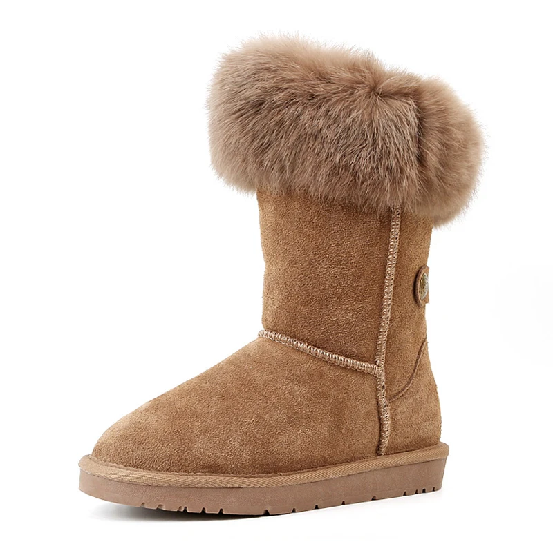 Новинка Зима 2019 зимние сапоги женские кожаные высокие с кроличьим мехом