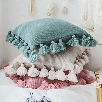 

Knitted Cushion Cover Grey Pink Green Solid Color Pillow Case 45*45cm Sofa Bed Nursery Room Decorative Pillow Cover With Tassel