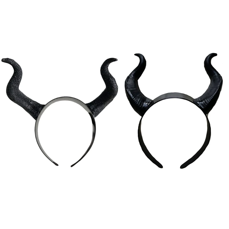 Halloween Witch Black Long Ox Horn Headband Movie Evil Queen Glitter Hair Hoop Gothic Cosplay Costume Headpiece D5QB