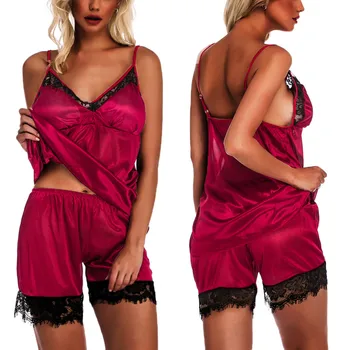 

sexy sleepwear lingerie пижама женская топ носки Women Sleepwear Sleeveless Strap Nightwear Lace Trim Satin Cami Top Pajama Sets