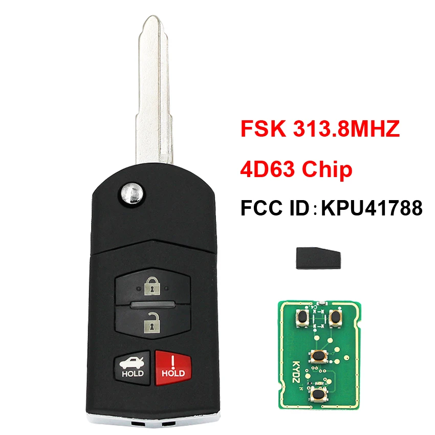 Складной флип 3 + 1/4 кнопки ФСК 313 8 МГц 4D63 80 бит чип FCC ID: KPU41788 для Mazda M6/M2/3/6/фреза |