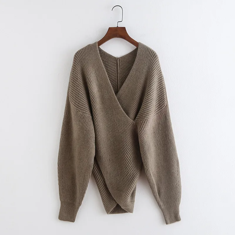OMIKRON Pull Femme зимние свитера с длинными рукавами, одноцветные, с v-образным вырезом, сексуальные, с перекрещивающимися вставками, свитер для женщин, большие размеры, Roupa Feminina