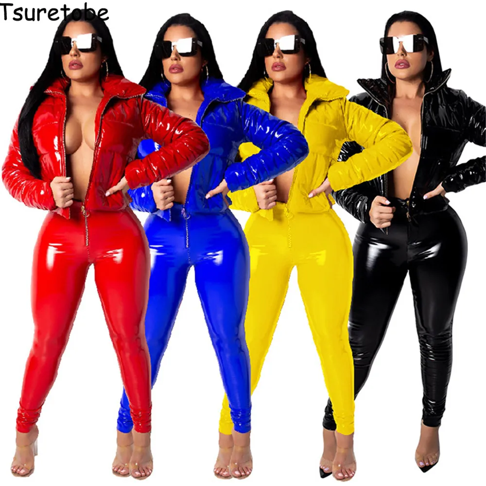 Tsuretobe-chaqueta de cuero PU brillante para mujer, abrigo de burbujas a la moda, chaquetas de invierno para mujer, ropa, prendas de vestir 2020