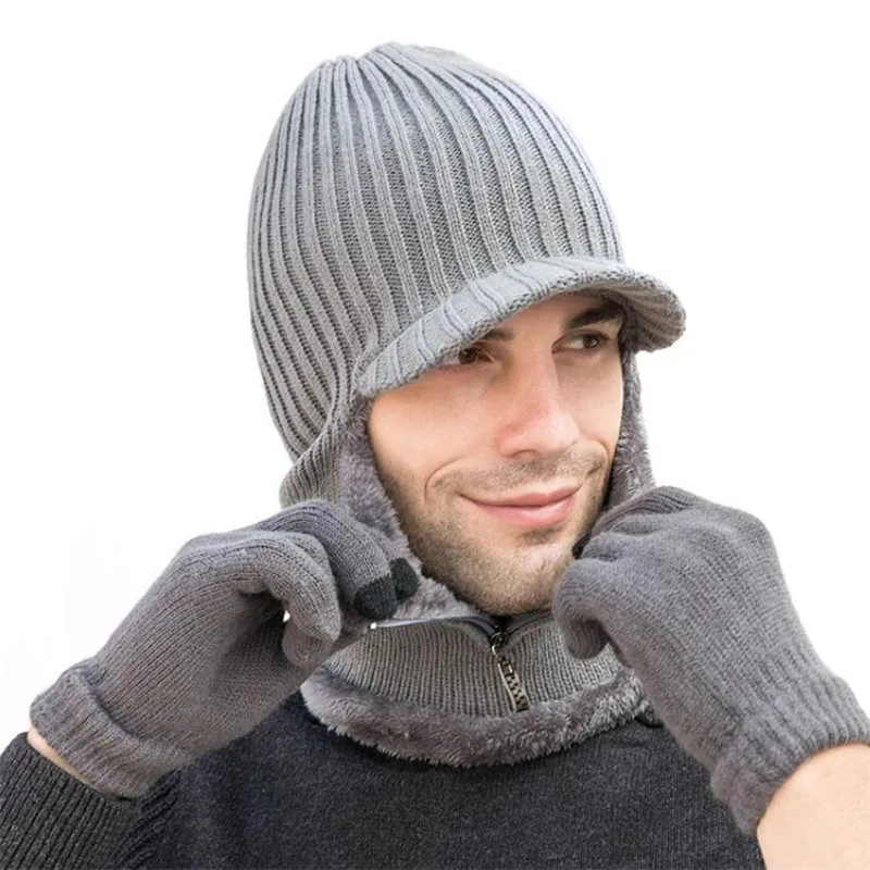 Winter Men Zip Hooded Scarf With Golves Women Plush Knitted Hat Scarves Male Woman Warm Protection Ear Brim Cap Adult