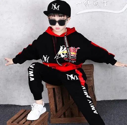 Детский спортивный костюм Повседневный Спортивный костюм для мальчиков детская одежда для хип-хопа осенняя одежда для мальчиков крутая модная черная и красная Новинка года - Цвет: Black
