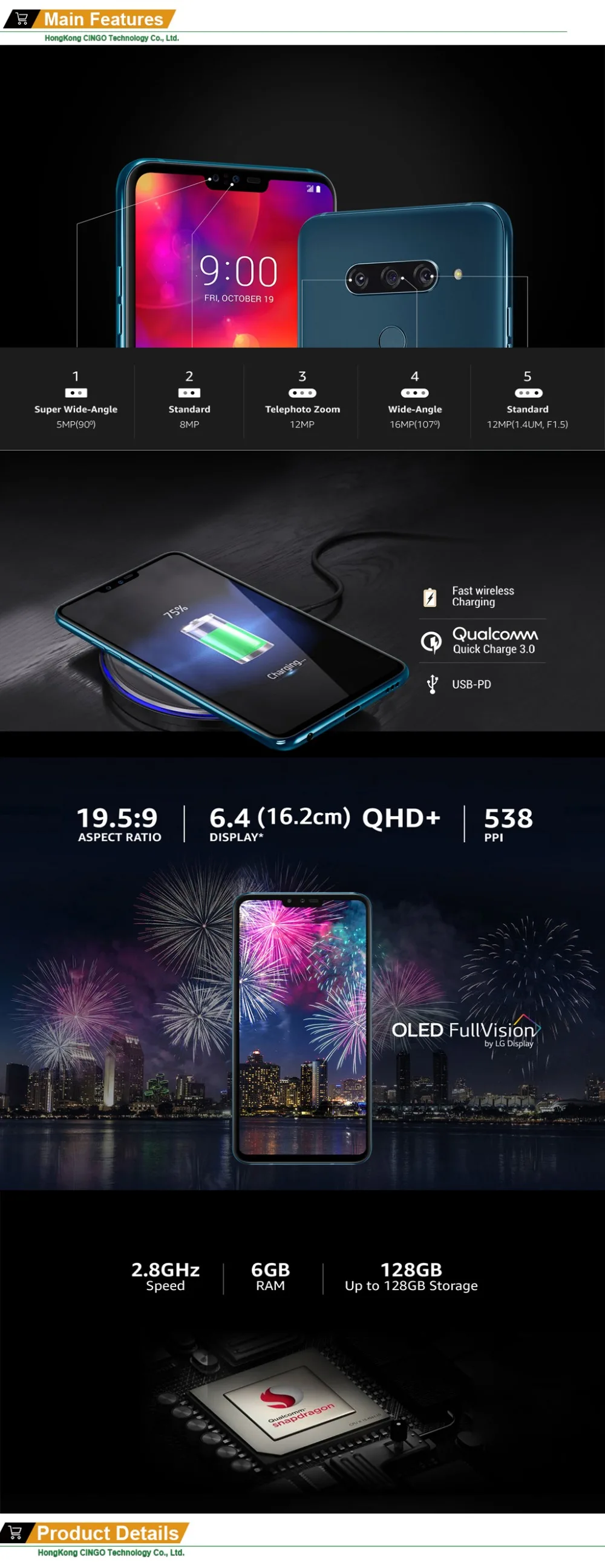 LG V40 ThinQ 6," 6 ГБ ОЗУ Android Восьмиядерный двойной фронтальный 3 тыловых камеры отпечатков пальцев Смартфон V405UA/V409N/V405EBW