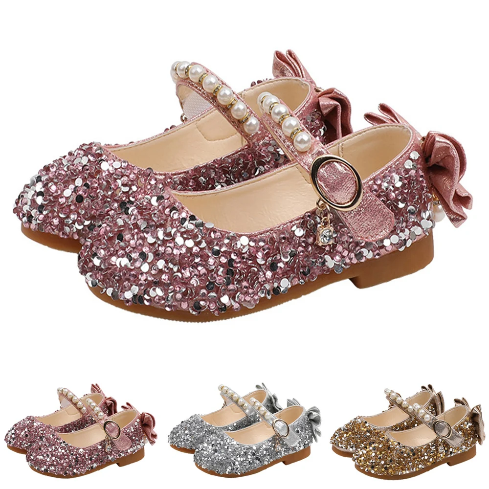 Детская кожаная обувь принцессы с блестками для девочек Повседневная блестящая