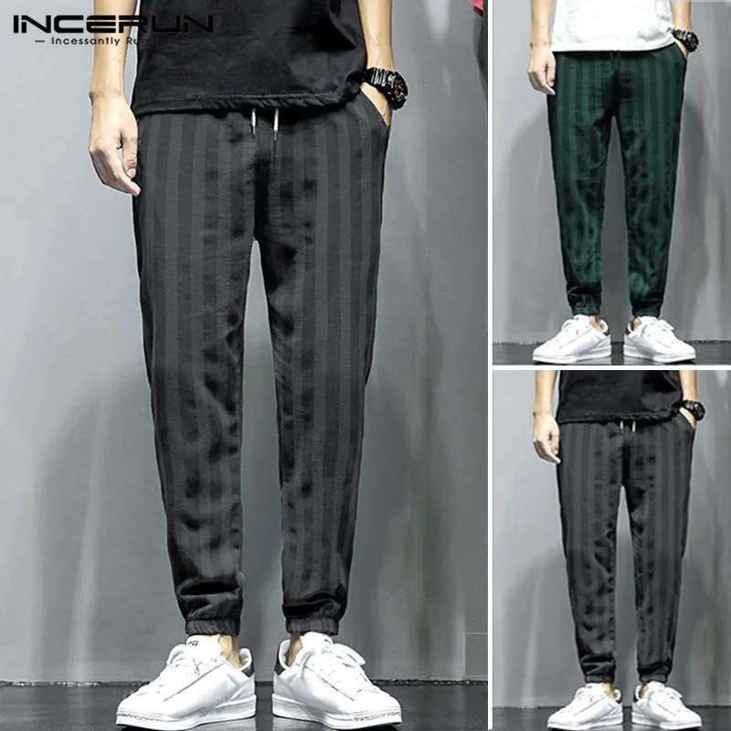 INCERUN Loose Men Pants Wide Legs Stripe Print Drawstring Baggy Harem Trousers Mens Hip-hop Joggers Elastic Waist Sweatpants