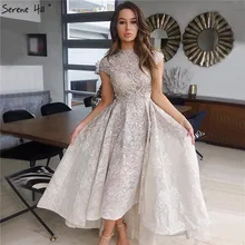 Золото с высокой горловиной Роскошные асимметричные платья для выпускного вечера короткий рукав кружево платья для выпускного с бусинами спокой DLA70227