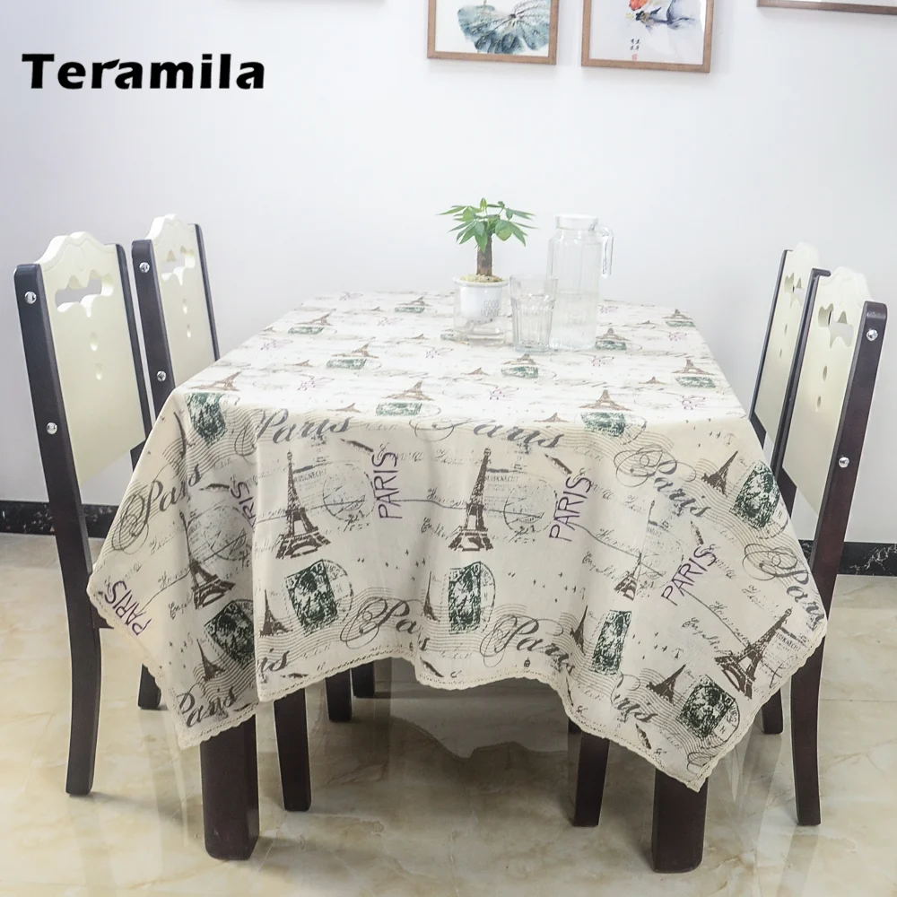 Teramila Cotton Linen Table Cloth Tower Design Rectangular Tablecloth With Lace Dining Table Cover Square For Home Party Kitchen
