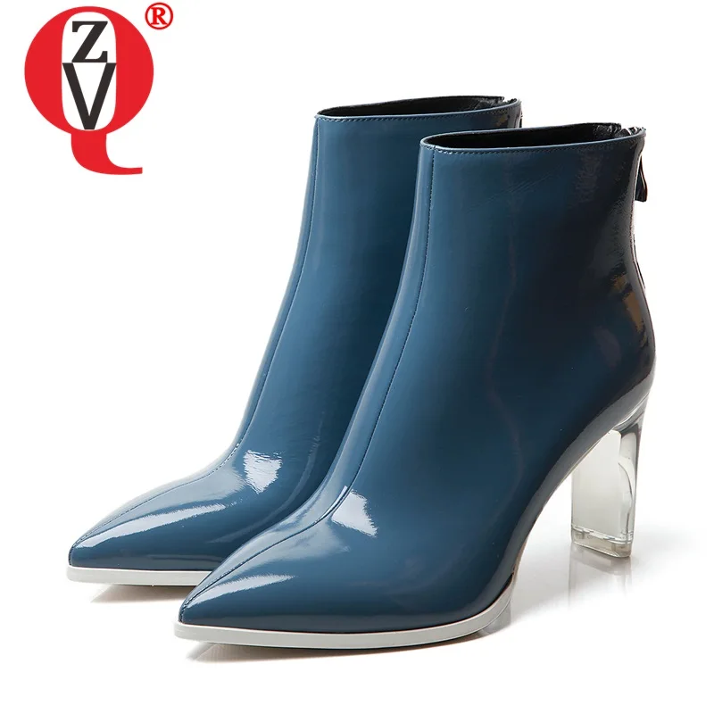 ZVQ patent leather women's crystal shoes fashion winter autumn ankle boots 7.5cm high heels booties blue red black shoes 33-41CN