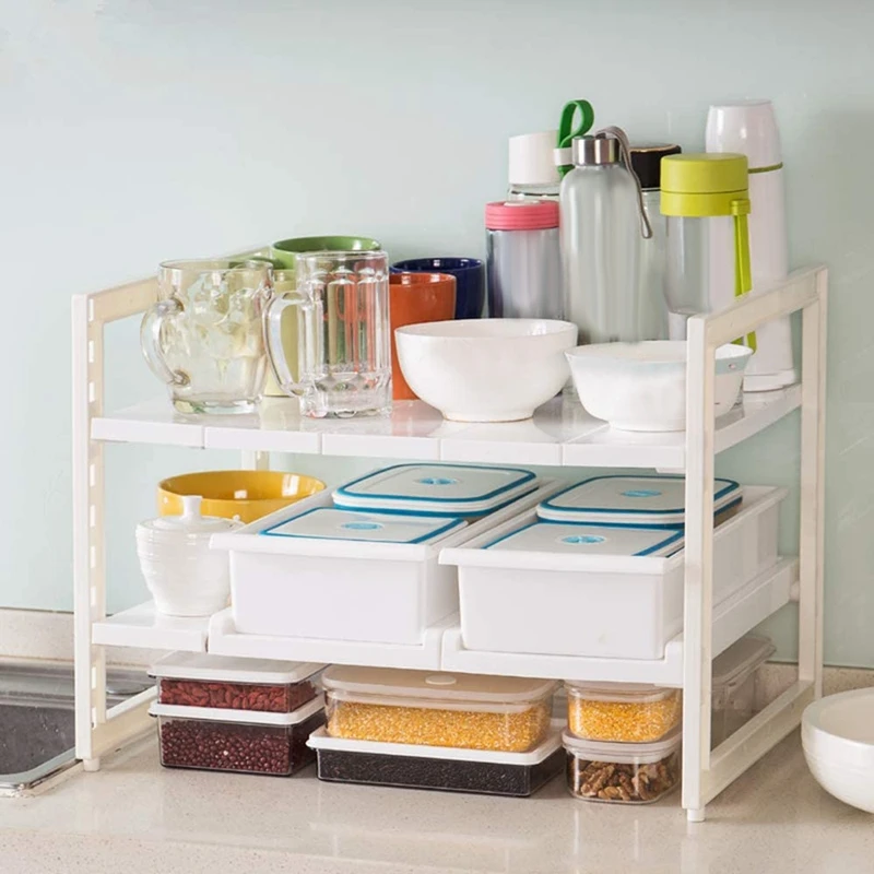 Расширяемый под раковиной Организатор 2 ярусный стеллаж для хранения со съемными