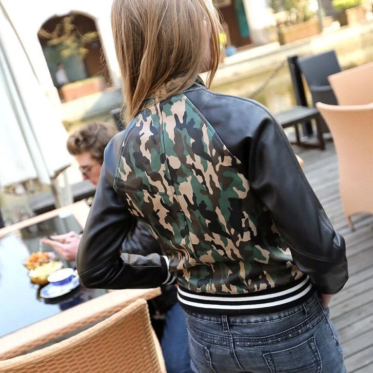 Genuine Leather Jacket Real Sheepskin Ladies Long Sleeve Bomber Spring Autumn Casual Camouflage Coat Military Army Slim Fit Tops