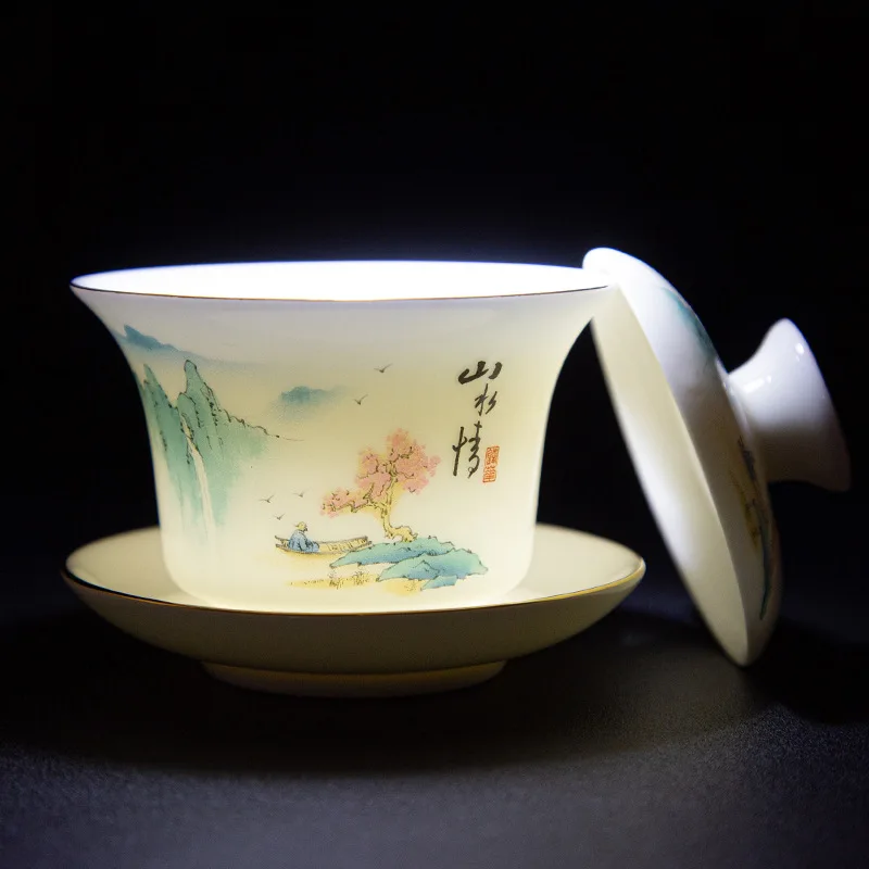 Mutton-fat Jade White Porcelain Sancai Gaiwan Color Enamel Cover Bowl Lid Saucer Handmade Tea Tureen Teaware Sets 160ML HMLOVE
