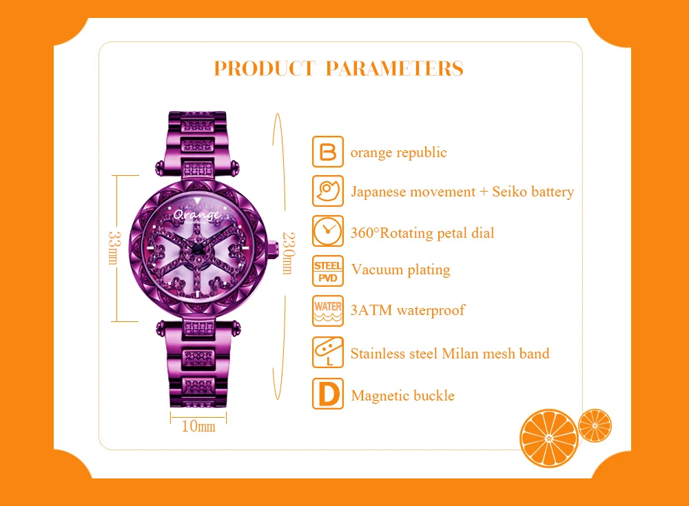 Великолепные фиолетовые бриллиантовые забавные наручные часы с вращением на 360 градусов в виде лепестков, японские водонепроницаемые модные изысканные элегантные женские часы