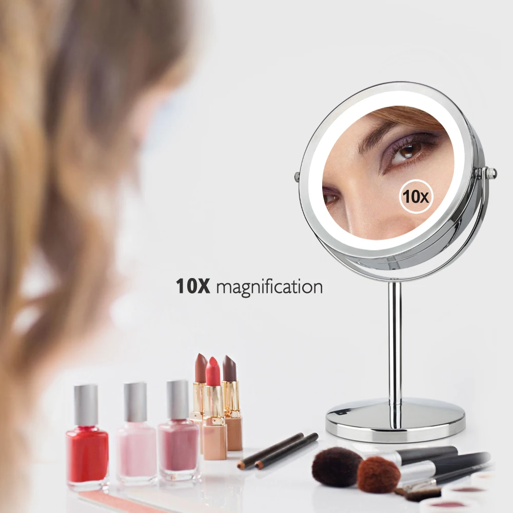 

Fashion 7 Inch Makeup Mirror Double Sided 10X Magnifying Metal Compact 360 Degree Rotation Desktop Stand 17 LEDs Cosmetic Mirror