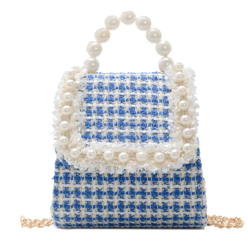 

Autumn Winter Fashion Plaid Crossbody Bags Kids Girls Cotton Linen Pearl Decoration Casual Mini Shoulder Handbags
