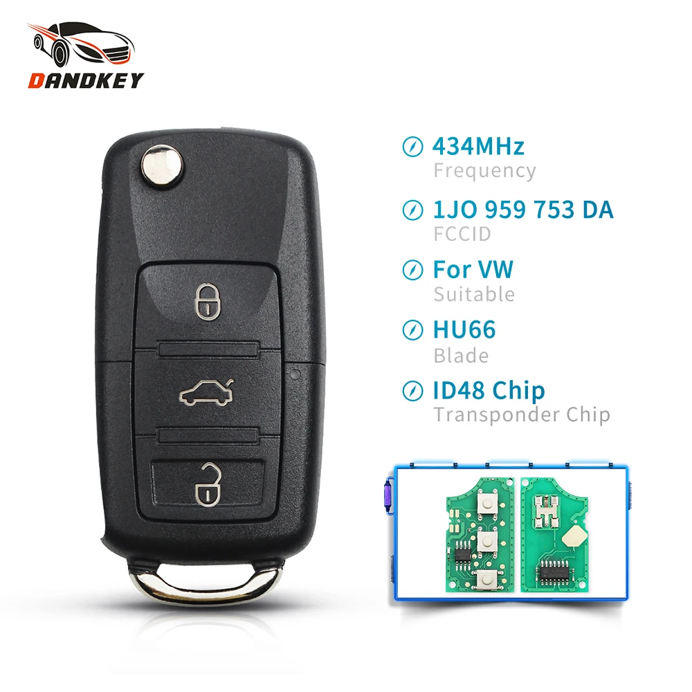 Dandkey для VW PASSAT Polo Golf SKODA Seat 3 кнопки дистанционного ключа 1J0959753DA автомобильный флип-ключ умный пульт дистанционного управления 434 МГц ID48 чип