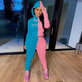 

Lugentolo Women Two Piece Set Hooded Sports Stitching Pleated Casual Letter Long Sleeve Tops Trousers Female Two-Piece Set