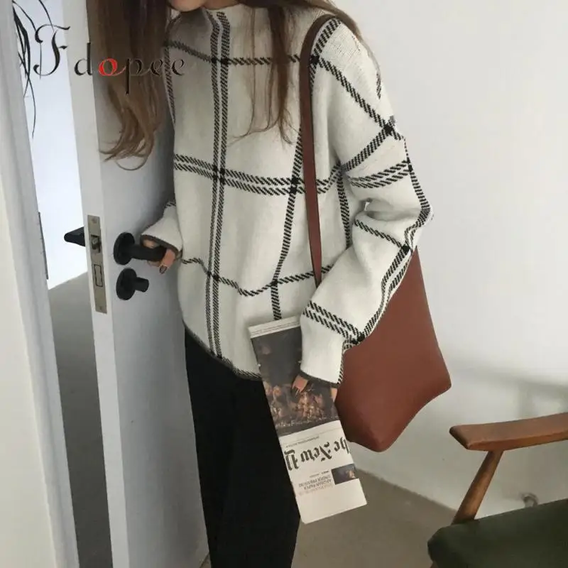 

2019 Winter Korean Leisure Simple Half High Collar Casual Plaid Color Long Sleeve Matching Outwear Plus Size Knitted Sweater