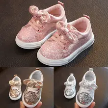 Zapatos informales bonitos para niñas pequeñas, zapatillas de deporte con lazo y lentejuelas para cuna, zapatos informales de tendencia para niños, zapatos de vestir antideslizantes rosas