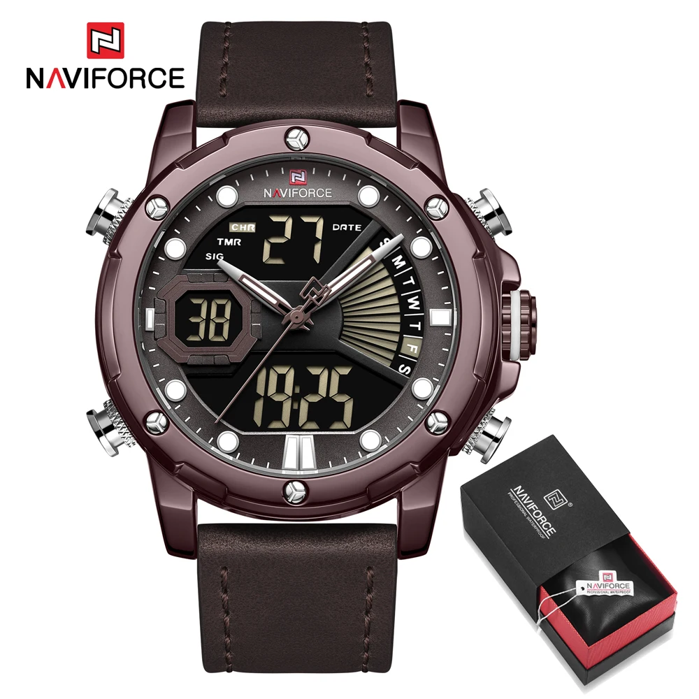 Coffee in Box NAVIFORCE светодиодный дисплей часы для мужчин кварцевые наручные часы Мужской Топ люксовый бренд Военный Спортивный Хронограф Часы подарок+ коробка - Цвет: Coffee in Box