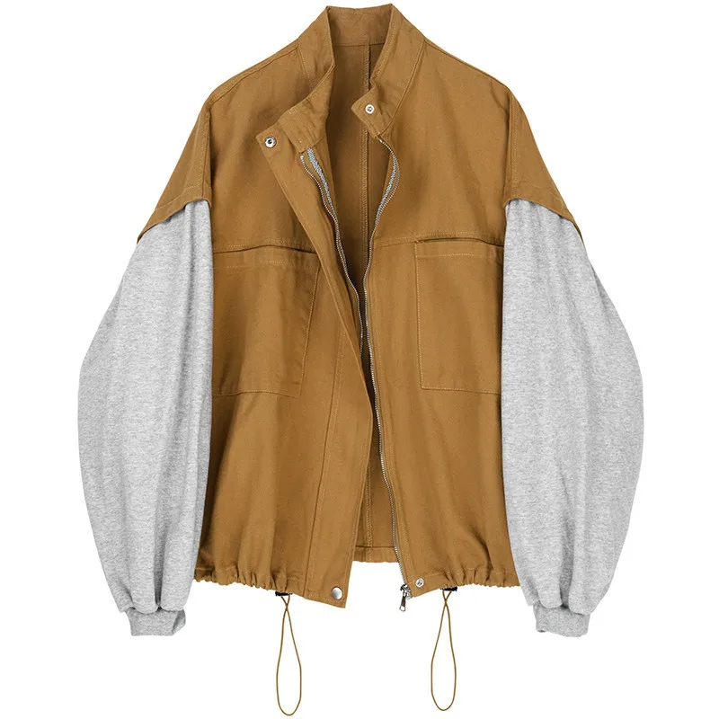 

TVVOVVIN Loose Fit Spliced Hit Color Drawstring Jacket New Stand Collar Long Sleeve Women Coat Fashion Autumn Winter 2019 F898