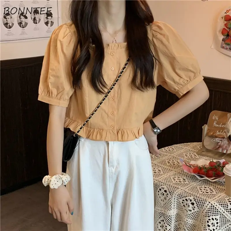 Camisetas con orejas de madera para mujer, Tops cortos Retro de manga abombada con cuello cuadrado, blusas Chic de estilo pijo Coreano para escuela