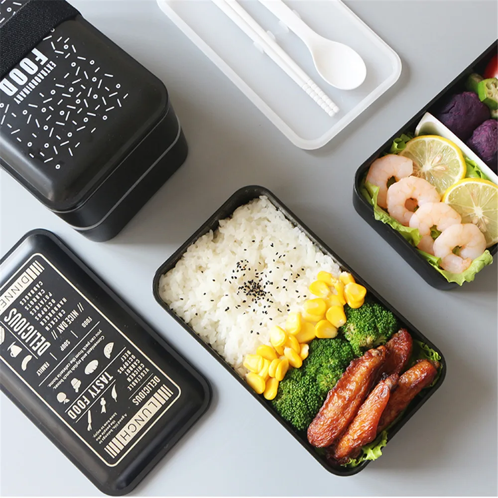 Японский Ланч-бокс Bento, портативный, черный, двухслойный, термо-контейнер для еды, креативный, для взрослых, детей, Ланчбокс, микроволновая посуда, 2000 мл