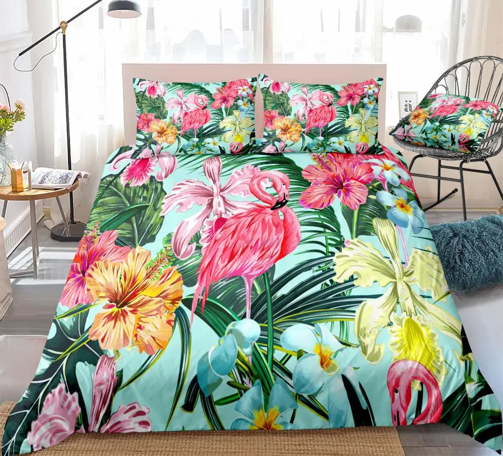 Фламинго Комплект постельного белья с разноцветными цветами постельное белье зеленый пальмовых листьев домашний текстиль тропический лоскутное покрывало king-size Размер