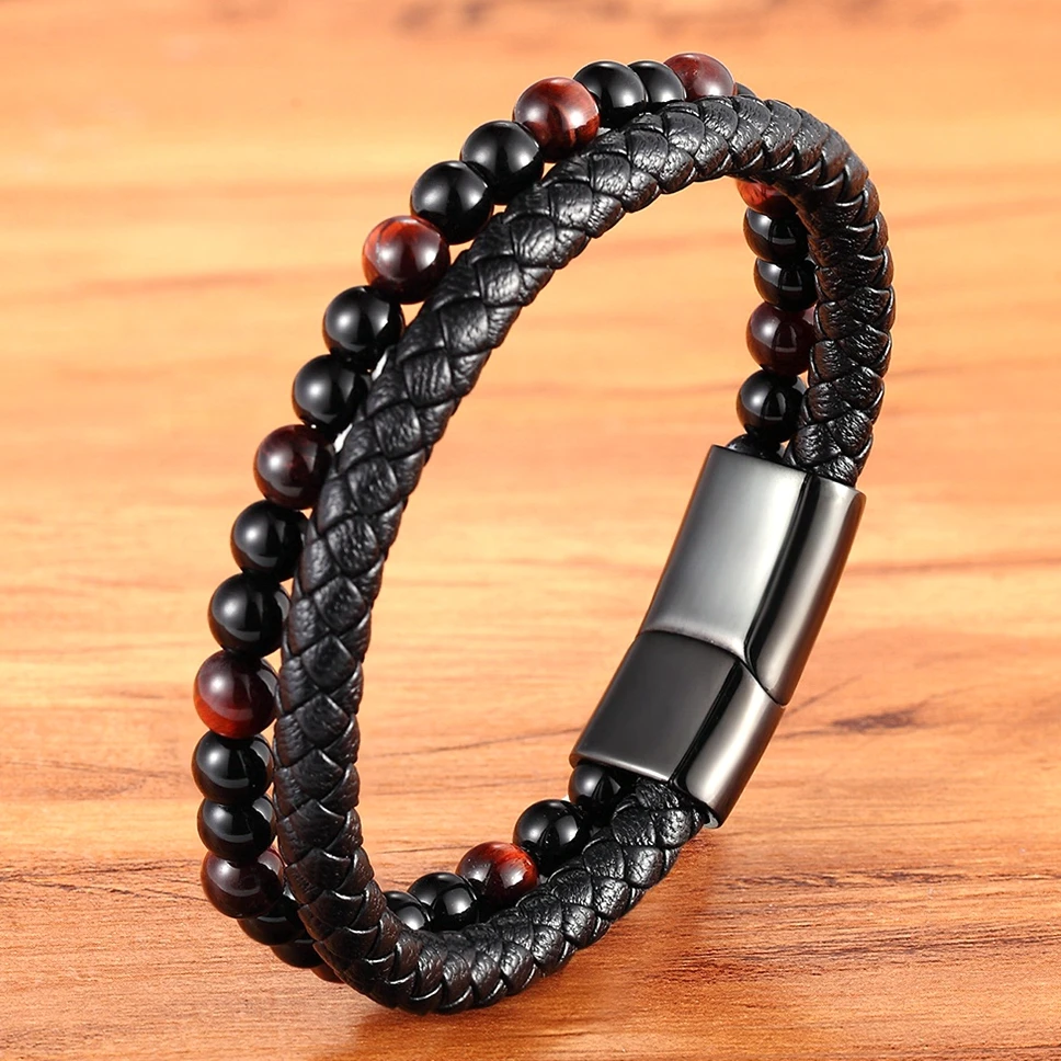 Leather Bracelet Beaded Bracelet Leather Magnetic Bracelet Stone Bracelet Leather Bangle XQNI Natural Stone Bead Bracelets Leather Combination Bracelet for Men Magnetic Clasp Tiger eye Bead Bangle Jewelry