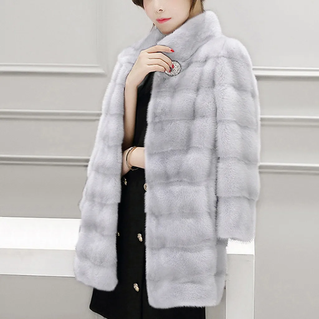 Женское пальто из искусственного меха страуса, зимняя куртка, Женское пальто с отложным воротником, теплая длинная Повседневная Верхняя одежда, пальто N30