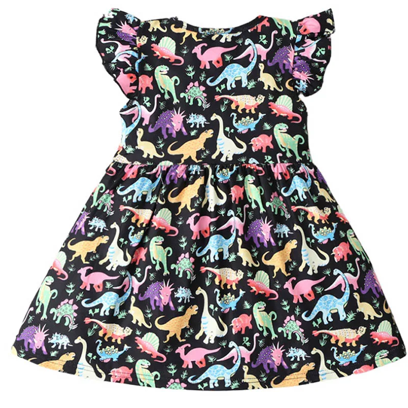 Детские платья для девочек с рисунком динозавра из мультфильма; летнее платье с принтом динозавра праздничные платья принцессы для маленьких девочек 1-6 лет