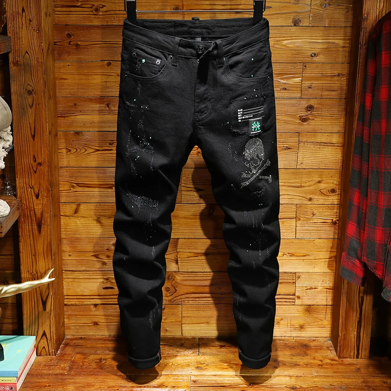 

New black mens jeans skinny ripped jeans for men elastic paint slim pants trousers hip hop Winter Autumn