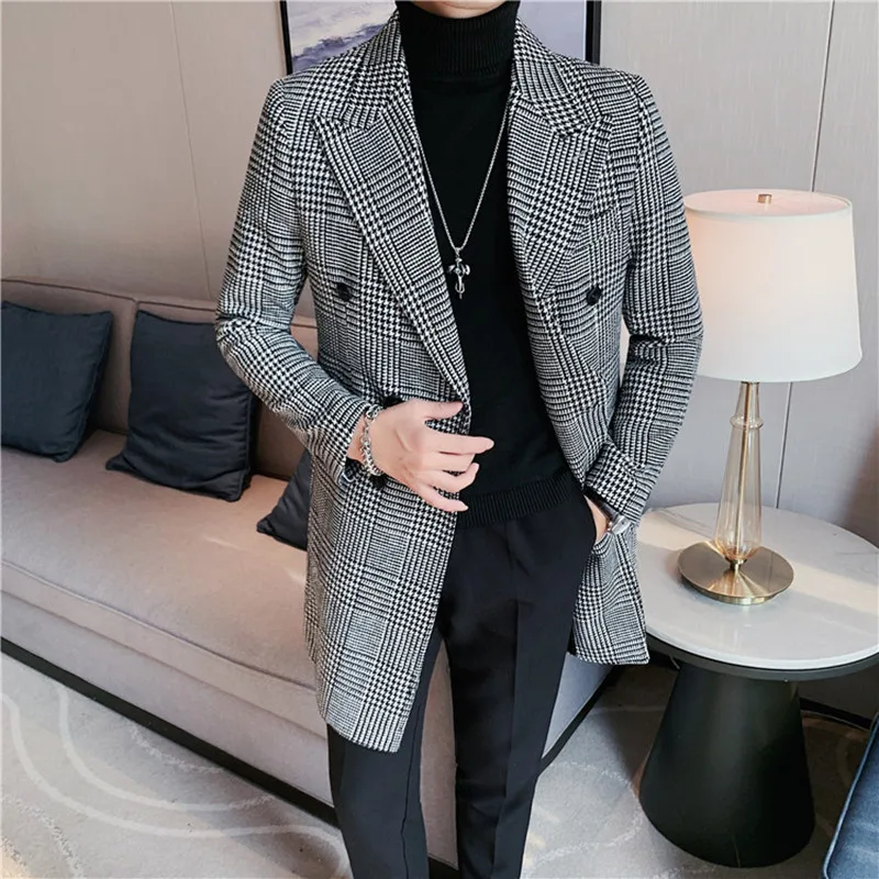 Brand Clothing Winter Mens Wool Trench Coat Jacket Long Slim Fit Casual Jacket Classic Plaid Windbreaker Men Steetwear Outwear