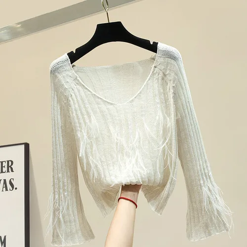 Европейский стиль Свободный вязаный Blusas вязаный свитер Низкий V воротник перо кисточка свитер женский Леди Свободная верхняя одежда Джемперы Femme - Цвет: Белый