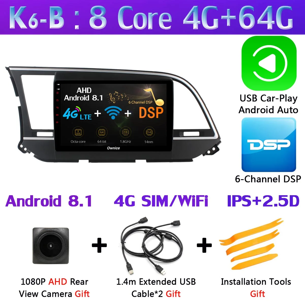 360 ° Pano ram ic 4×камера 4G ram+ 64G rom Android 9,0 автомагнитола для hyundai Elantra 6- gps Navi SPDIF DSP CarPlay stero - Цвет: K6-B-CarPlay