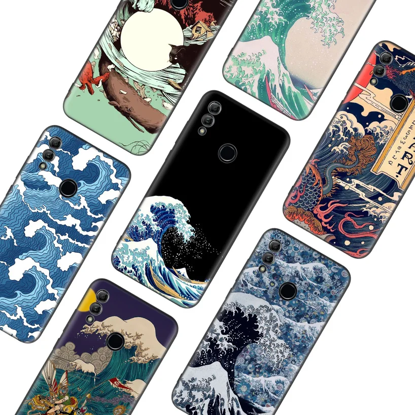Wave Art Japanese Green Illust Black Cover Phone Case for Huawei Y9 Y5 Y6 Y7 2019 2