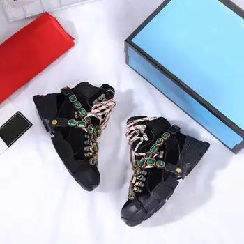 

Prowow New Genuine Leather Round Toe Lace Up New Fashion Warm Luxury Brand Designer Crystal Belt Platform Boots Zapatos Mujer