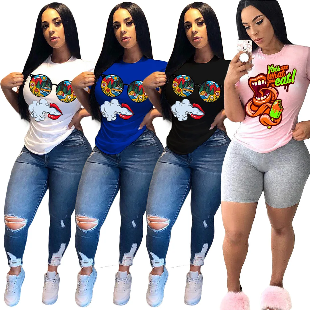 

2020 Summer Women's T-shirt European and American Solid-color Cartoon Glass and Mouse Printed Short Sleeve Style
