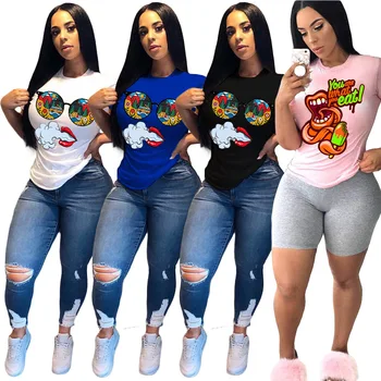 

2020 Summer Women's T-shirt European and American Solid-color Cartoon Glass and Mouse Printed Short Sleeve Style