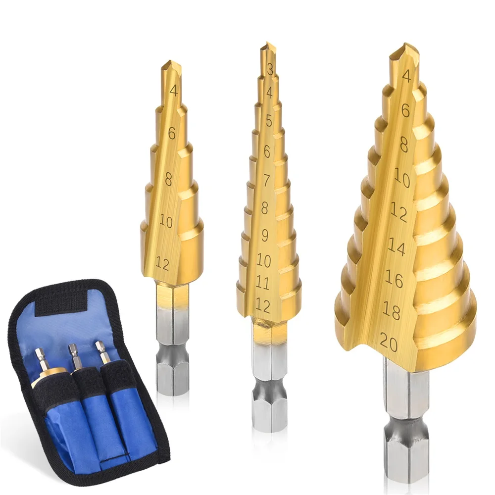 3pcs 3-12mm 4-12mm 4-20mm HSS Straight Groove Step Drill Bit Set Titanium Coated Wood Metal Hole Cutter Core Drill Bit Set