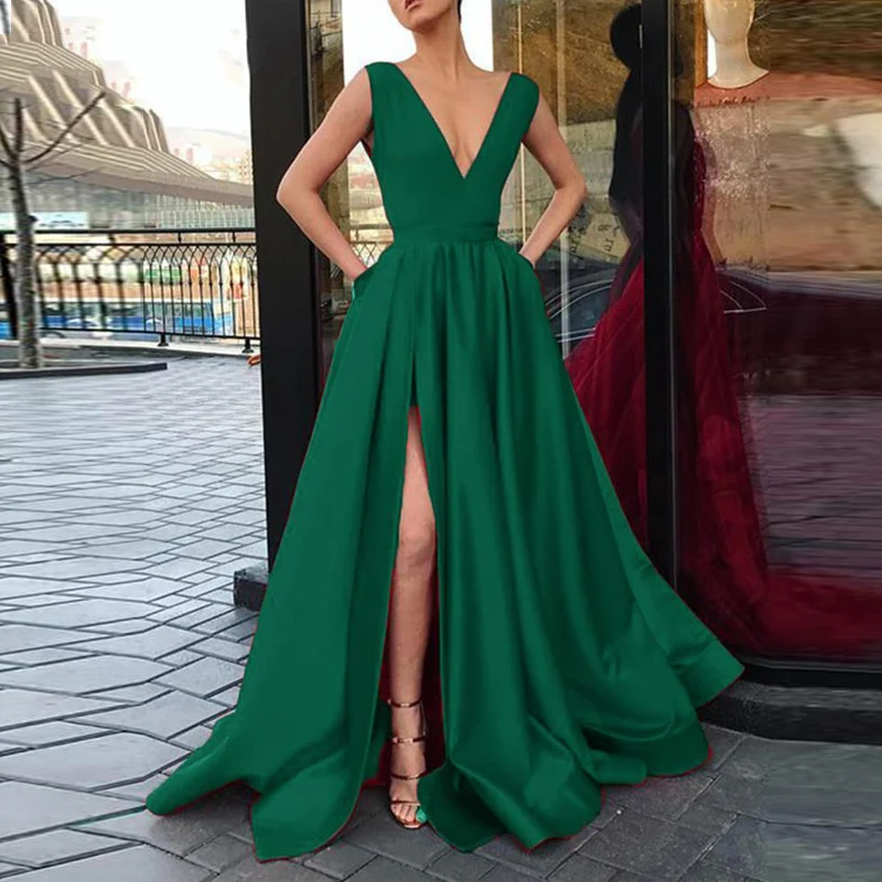 Платье для выпускного вечера, длинное, сексуальное, атласное, Vestido formatura размера плюс, платье для выпускного вечера с v-образным вырезом, с карманами, длинное платье для выпускного вечера, Vestidos De Festa - Цвет: green