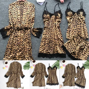 

Lace Sleepwear Pajamas Lace Leopard Four-piece Suit Summer Night Set New Tempting Pajamas Strap Shorts Home Service Lounge Set