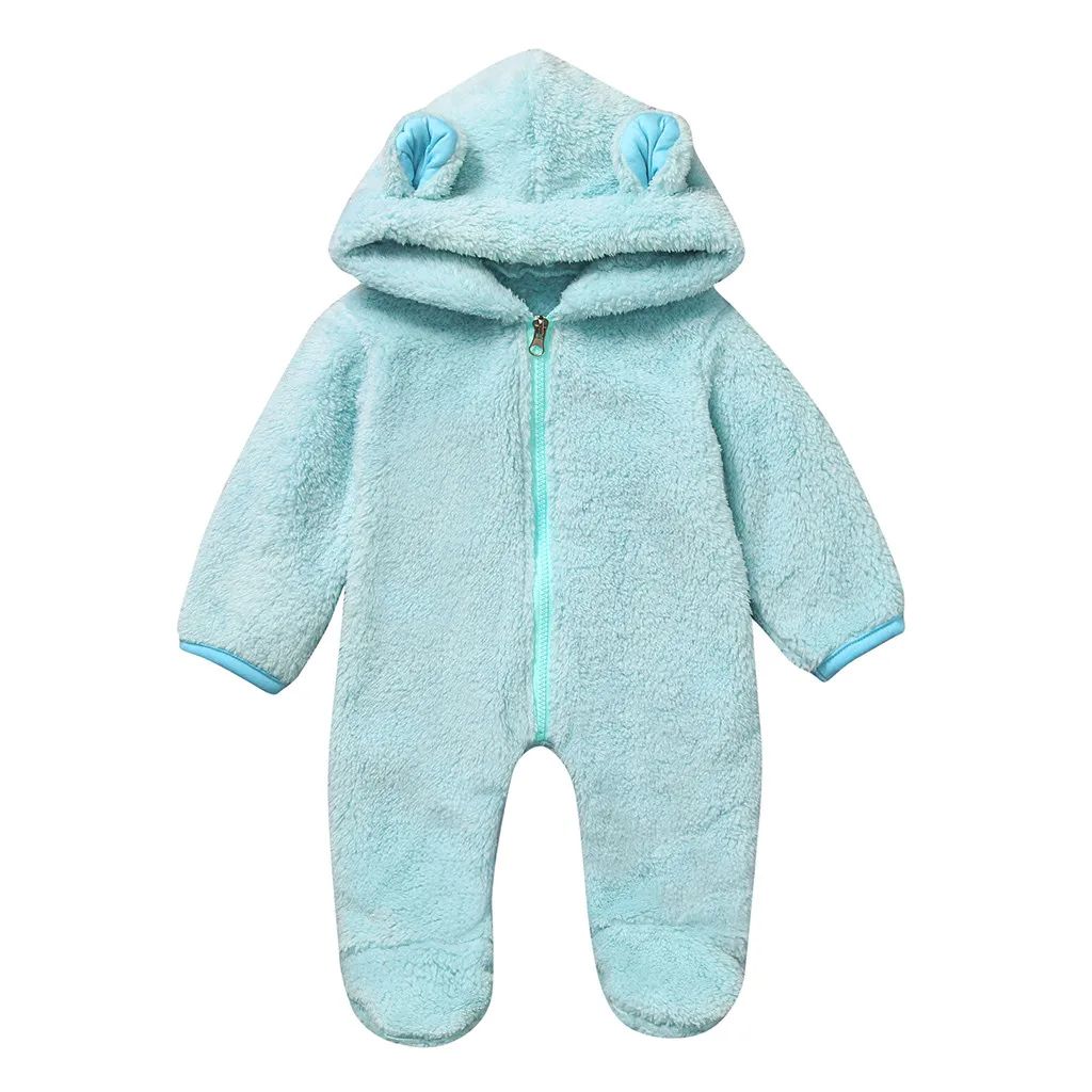 Зимний флисовый комбинезон для новорожденных мальчиков, однотонный комбинезон с капюшоном, теплое пальто, верхняя одежда, унисекс, комбинезон с длинными рукавами, сдельник для ребенка - Цвет: Blue