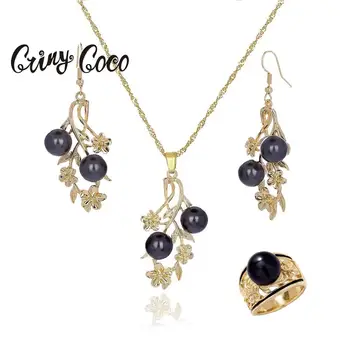 

Cring Coco Fashion Pearl Necklace Set Hawaii Ladies Gold Alloy Plumeria Flowers Ring Earrings Jewelry Sets for Women 2020 Party