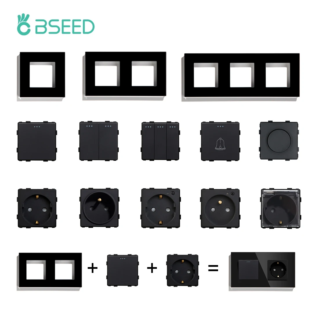 BSEED EU Standard 1/2/3Gang 1/2Way Push Button Switch Function Part Wall Glass Frame Power Sockets Light Switch DIY Parts Only