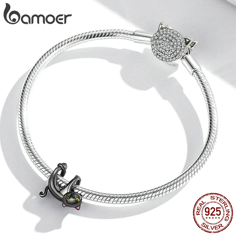 925 Sterling Silver Cartoon Black Cat Charm Beads Fit Original Bracelet & Bangle Pet Pendant DIY Making Fine Jewelry