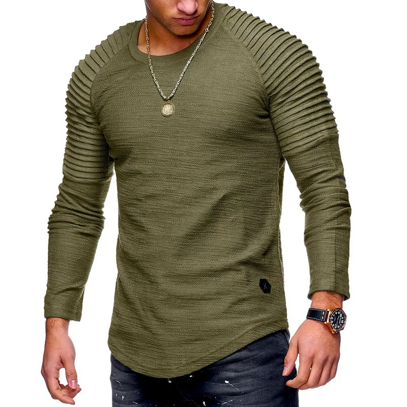 green long Sleeve Красивые мужские топы, футболки, Популярная мода, мужская Тонкая Однотонная футболка с круглым вырезом и коротким рукавом, полосатая футболка с рукавом реглан, стильная футболка - Цвет: green long Sleeve